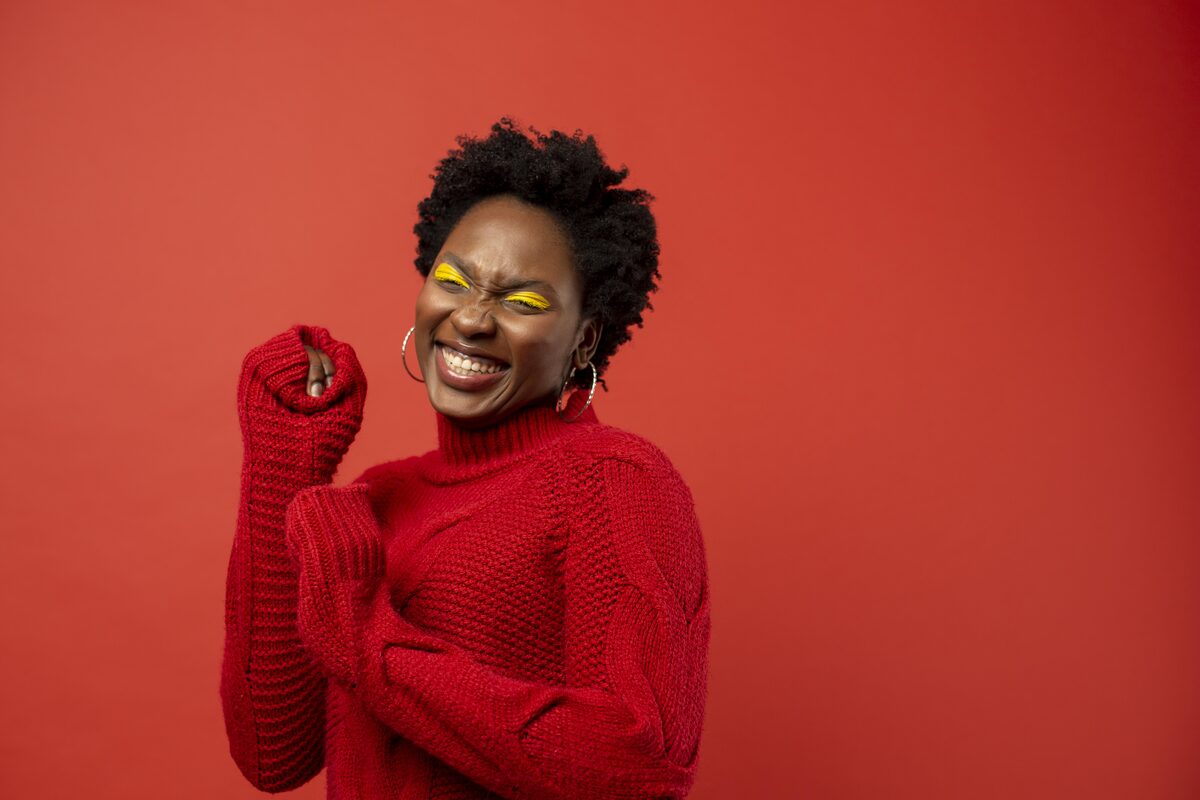 Woman celebrating in red